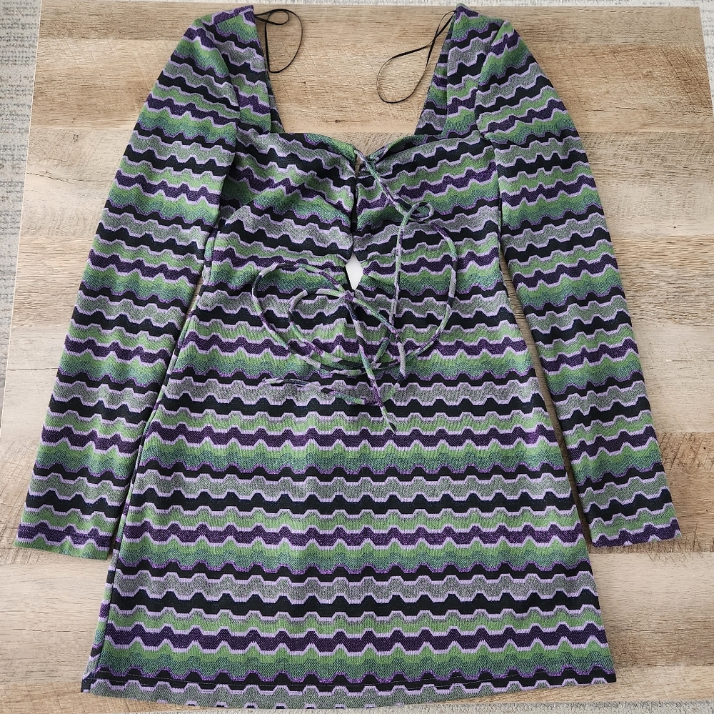 Zara Geometric Multicolor Long Sleeve Front Tie Cut Out Dress